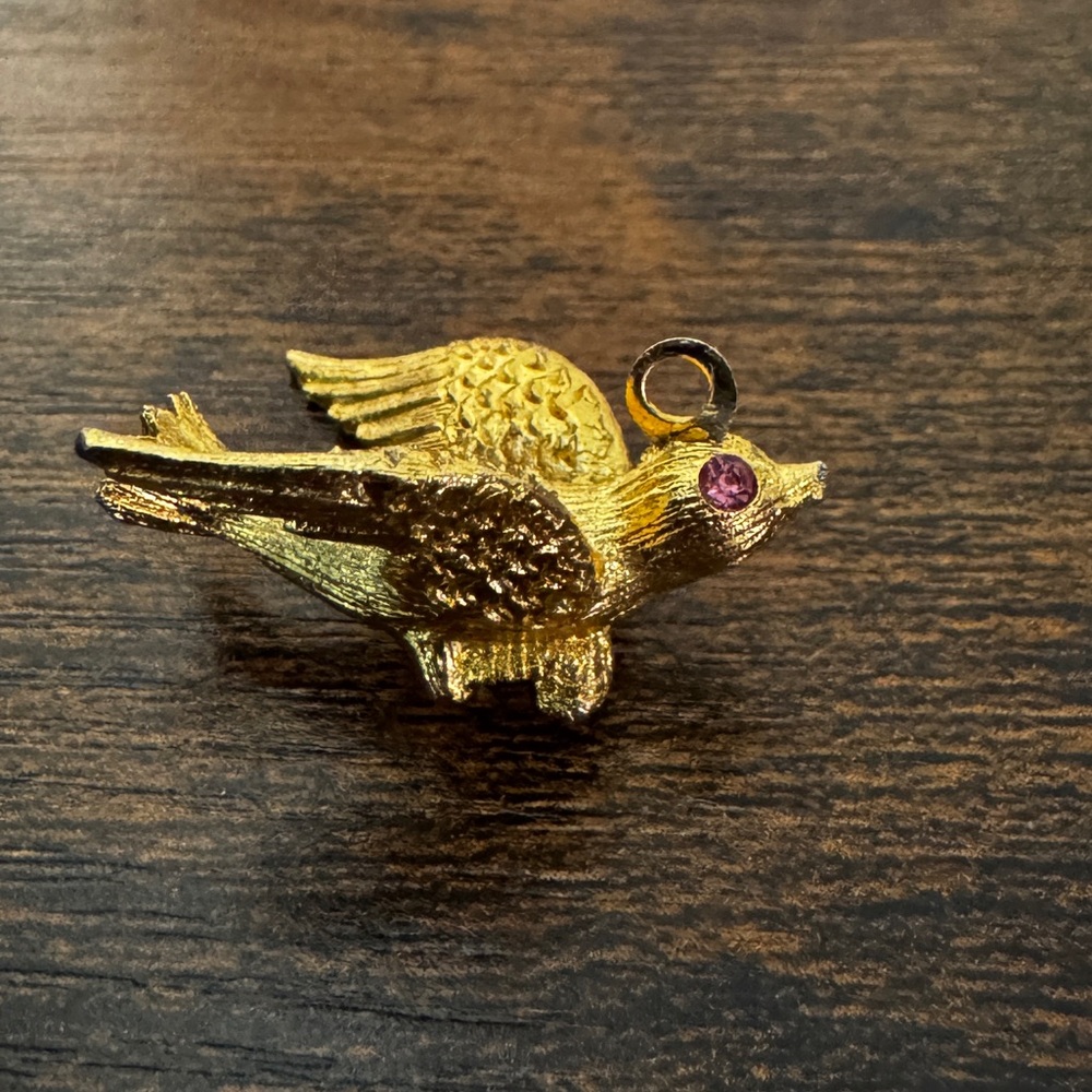HOBCO Vintage 1960s Flying Bird Charm with Pink Rhinestones Gold Plated